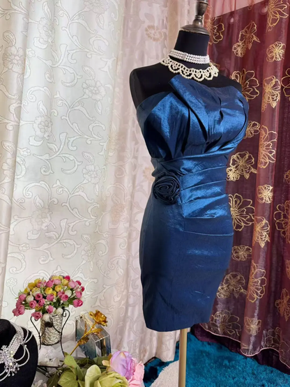 Vintage Strapless Blue Satin Sheath Homecoming Dress Cocktail Dress D1826