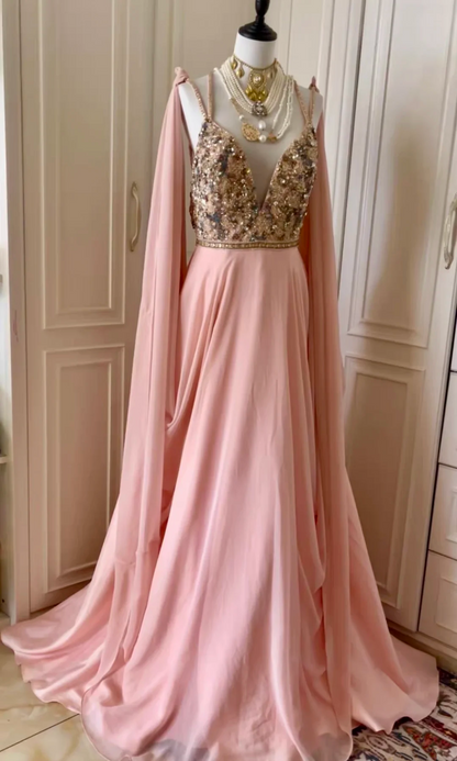 Gorgeous Spaghetti Straps V Neck Chiffon Sequin Beaded Long Wedding Guest Dress,Pink Mermaid Evening Dress D3098