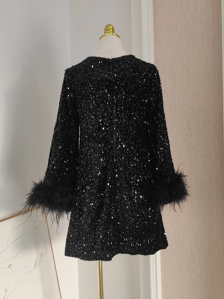 Cute A line Scoop Black Travel Vacation Dresses Short Sequin Birthday Dress SD320