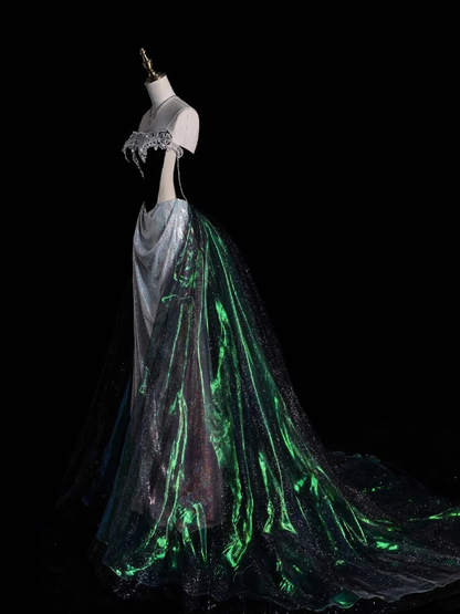 Fashion Strapless Mermaid Long Prom Dress Silver Sequin Green Tulle With Beaded Long Evening Dress D4852