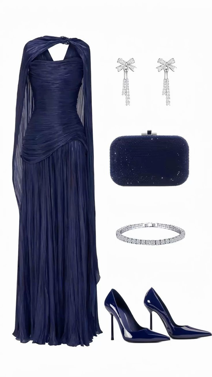 Charming Navy Blue Chiffon Pleated Long Wedding Guest Dress Formal Evening Dress D1436