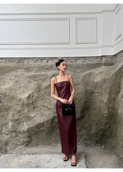 Fashion Spaghetti Straps Burgundy Sheath Long Party Dress Birthday Evening Dress D2124