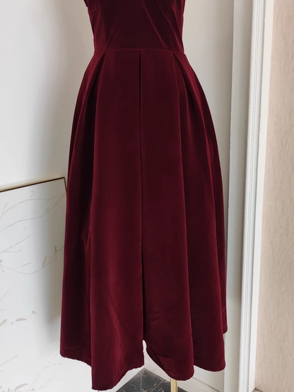 Simple A line Sleeveless Burgundy Velvet Party Dress Holiday Birthday Dresses For Women SD350