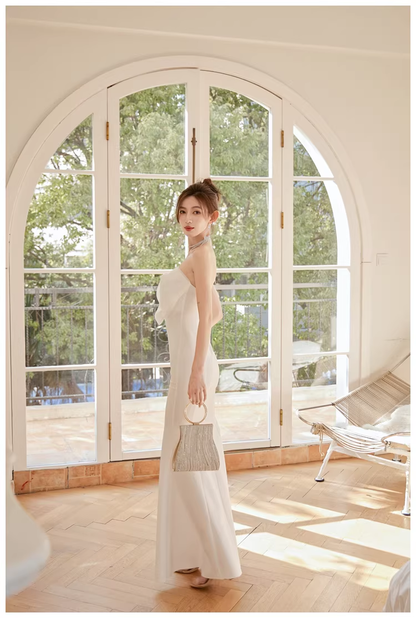 Classy White Strapless Bow Satin Mermaid Long Wedding Guest Dress Formal Evening Dress Prom Gown D2446