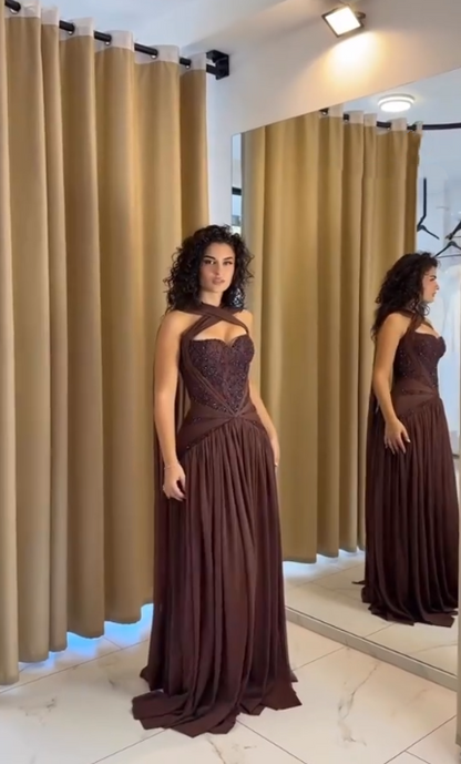Charming Brown Chiffon Beaded A Line Long Wedding Guest Dress Formal Evening Dress D2979