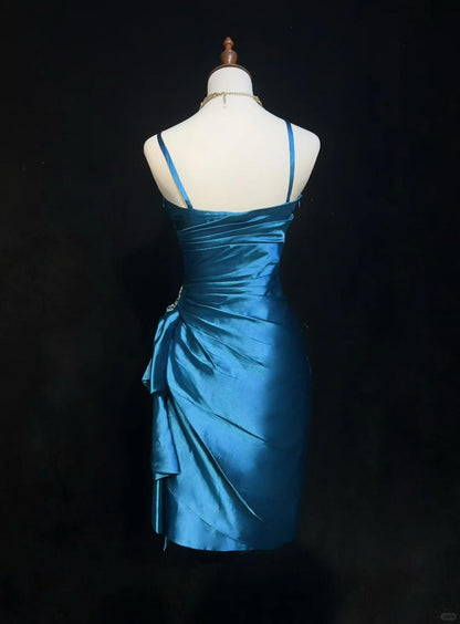 Elegant Blue Spaghetti Straps Satin Pleated Sheath Short Homecoming Dress Birthday Dress D3373
