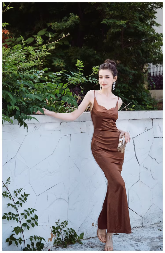 Stylish Spaghetti Straps Brown Satin Mermaid Long Evening Dress Formal Wedding Guest Dress D2449