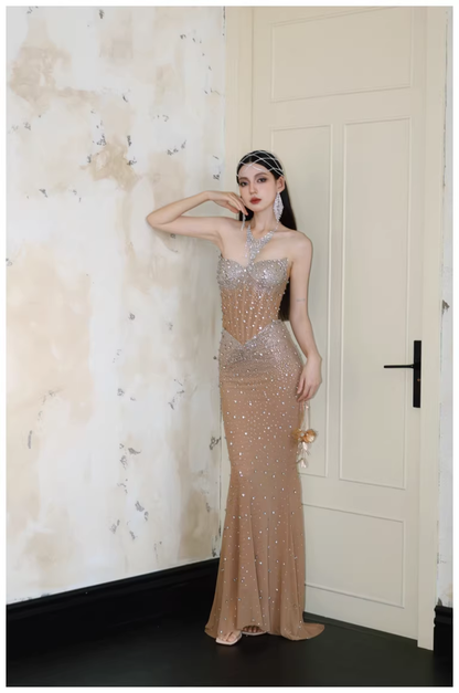 Sexy Strapless Chiffon Beaded Mermaid Long Evening Dress Party Gown D2425