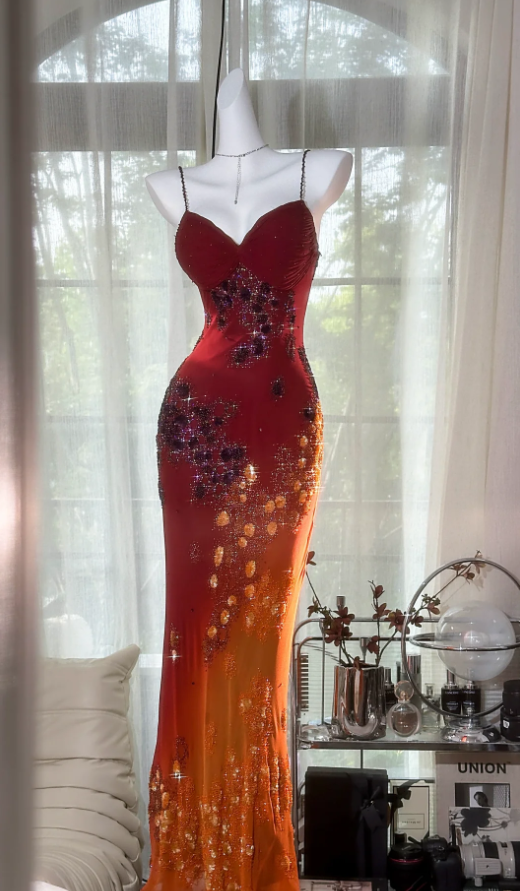 Vintage Spaghetti Straps Ombre Orange Chiffon Sequin Beaded Mermaid Long Party Dress Evening Gown D1313