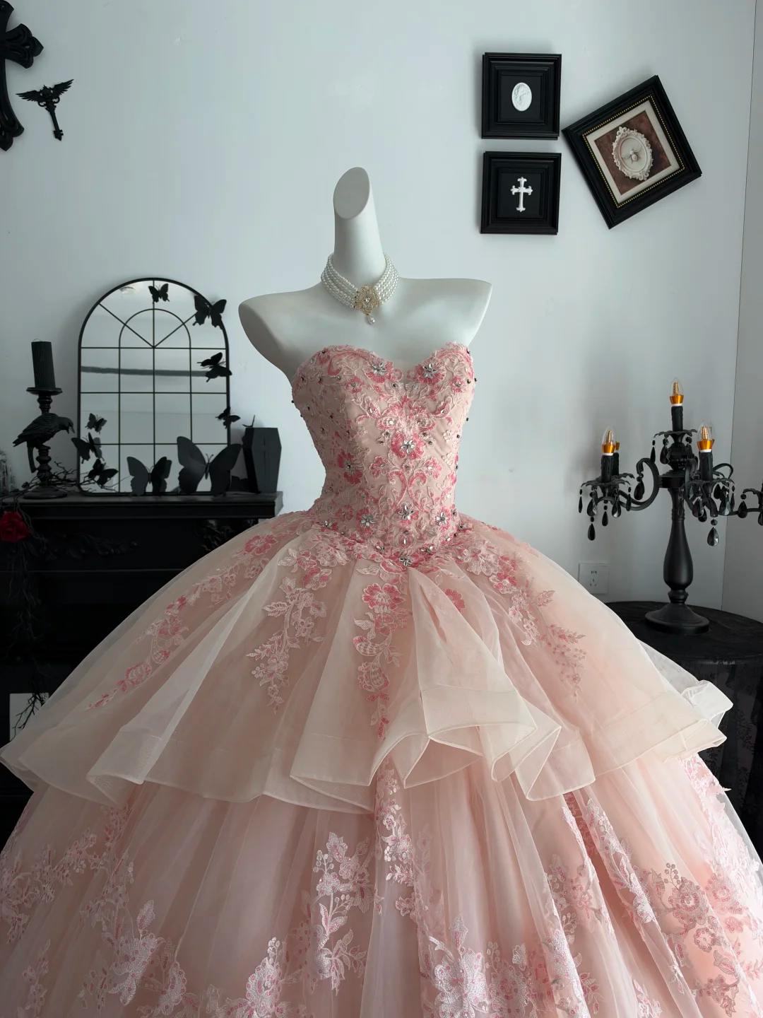 Elegant Sweetheart Neck Ball Gown Pink Tulle Lace Appliques Beaded Quinceanera Dress Sweet 15 Dress D4705