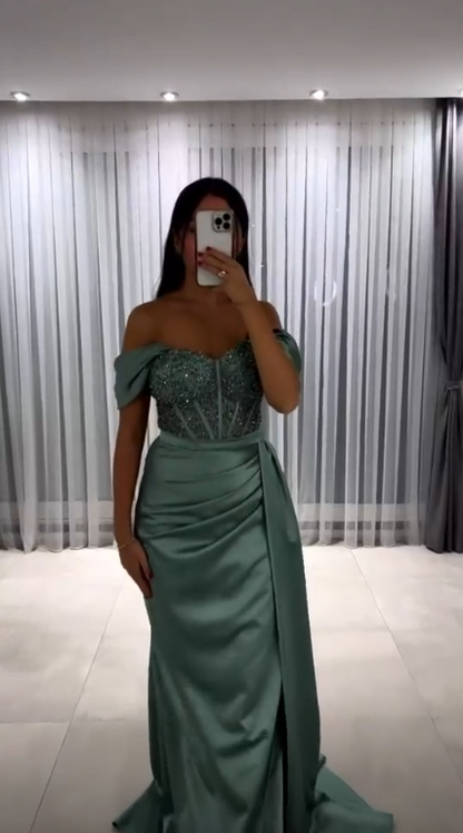 Elegant Green Satin Pleated Beaded Mermaid Long Party Dress Off The Shoulder Evening Dress D5056