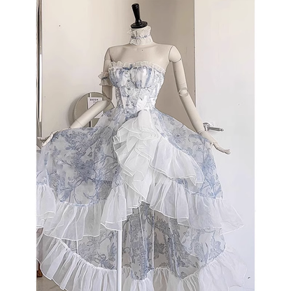 Vintage High Low Strapless Floor Length Light Blue Flowers Prom Dresses Birthday Dress SD467