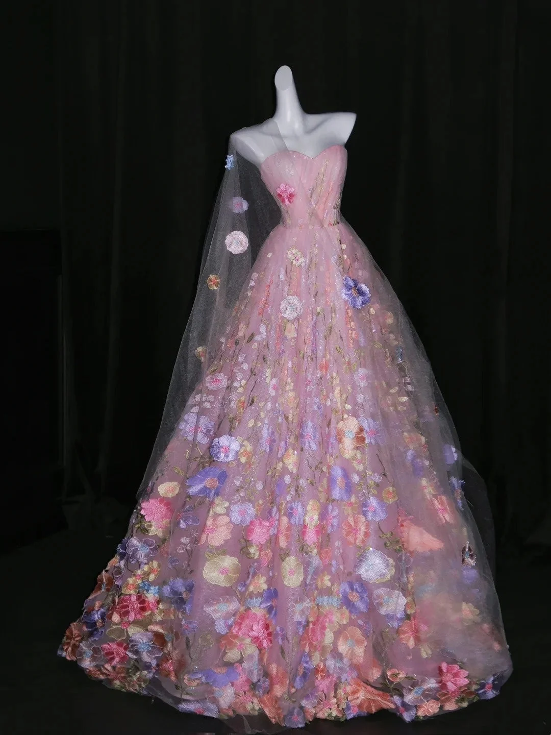 Pretty Strapless Pink Sleeveless Floral Tulle Long Prom Dress Birthday Party Dress D4264