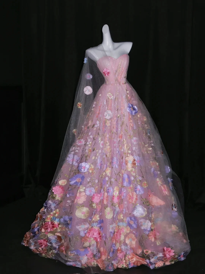 Pretty Strapless Pink Sleeveless Floral Tulle Long Prom Dress Birthday Party Dress D4264