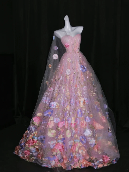 Pretty Strapless Pink Sleeveless Floral Tulle Long Prom Dress Birthday Party Dress D4264
