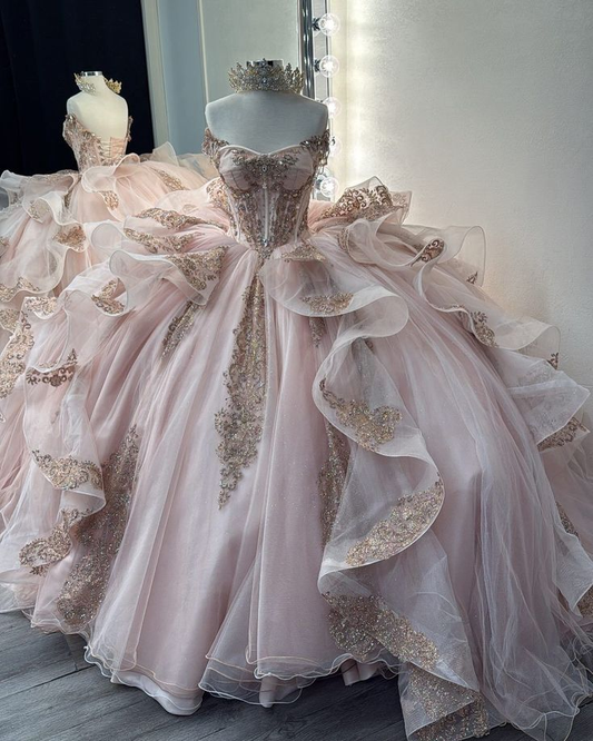 Pretty Pink Off The Shoulder Tulle Beaded Appliques Quinceanera Dress Sweet 16 Dress D1393