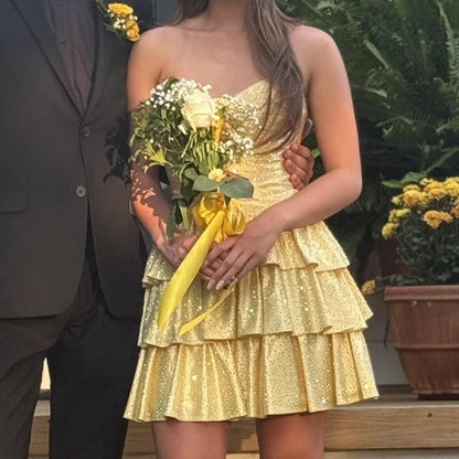 Sparkly Sweetheart Neck Satin Beaded Layered A Line Short Graduation Homecoming Dress,Yellow Short Birthday Outfits D4029