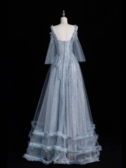 Beautiful Spaghetti Strap Blue Tulle Sequin Long Prom Dresses Evening Dresses D4828