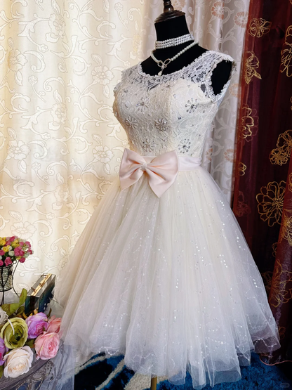 Sweet Lace Tulle Sleeveless A Line Short Homecoming Dress Formal 20th Birthday Outfit With Bow D730