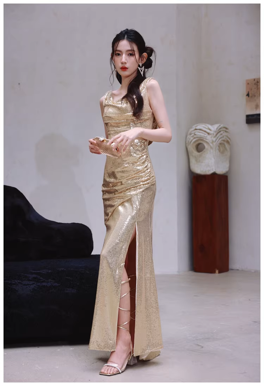 Fashion Gold Sleeveless Sequin Slit Mermaid Long Evening Dress Formal Wedding Guest Dress D2437