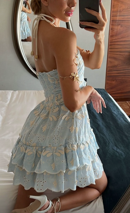 Sexy Blue Lace Layered A Line Short 9th Grade Homecoming Dress,Halter Birthday Outfits D3144