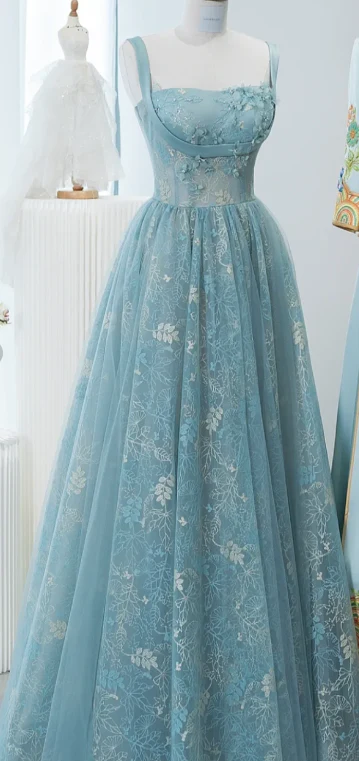 Beautiful A line Straps Sage Green Long Tulle Prom Dress SD1490