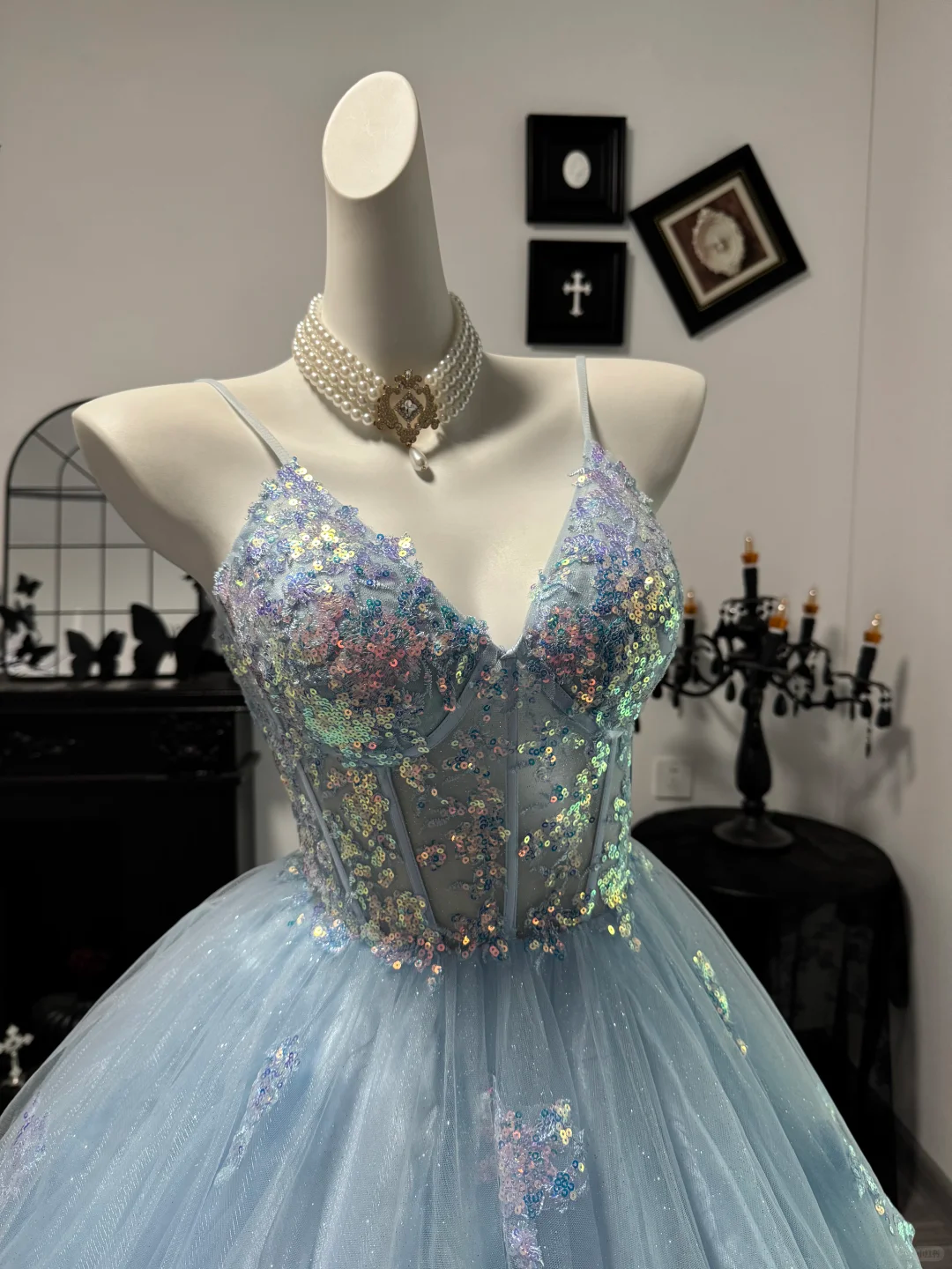 Cute Blue Spaghetti Straps Tulle Sequin Short Graduation Homecoming Dress Birthday Dress D4709