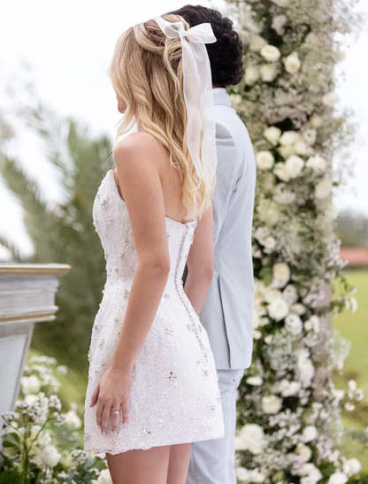 Classy Strapless White Sheath Short Formal Wedding Dress Bridal Dress D202