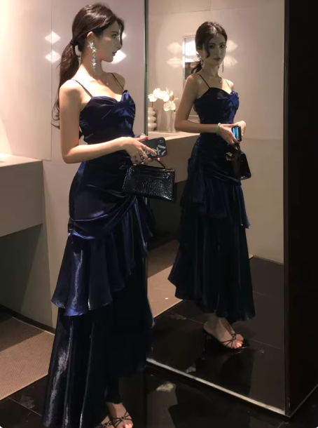 Retro Mermaid Spaghetti Straps Royal Blue Long Length Evening Dress Prom Dresses SD2824