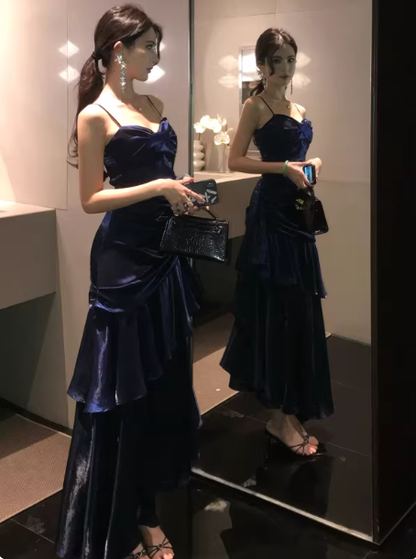 Retro Mermaid Spaghetti Straps Royal Blue Long Length Evening Dress Prom Dresses SD2824