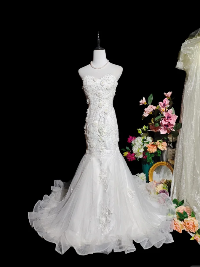 Fairy Strapless White Tulle Appliques Mermaid Long Party Dress Birthday Evening Dress D2374