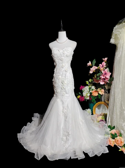 Fairy Strapless White Tulle Appliques Mermaid Long Party Dress Birthday Evening Dress D2374