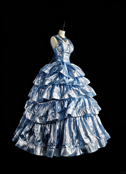 Elegant Blue Beaded Satin Layered Long Evening Dress Party Dress D5379