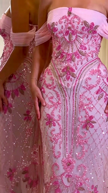 Gorgeous Off The Shoulder Tulle Beaded Long Party Dress Pink Long Birthday Evening Gowns D5241