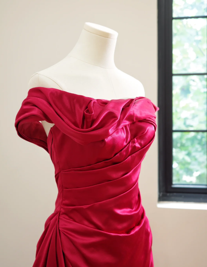 Pretty One Shoulder Red Satin Pleated Long Wedding Guest Dress Formal Birthday Party Dress D2170