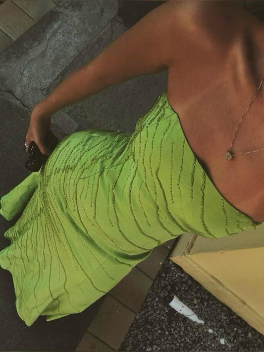 Gorgeous Strapless Green Satin Beaded Mermaid Long Party Dress Prom Gown D3431