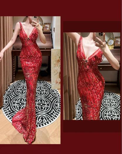 Charming Red V Neck Sequin Beaded Mermaid Long Party Dress Evening Dress D2046