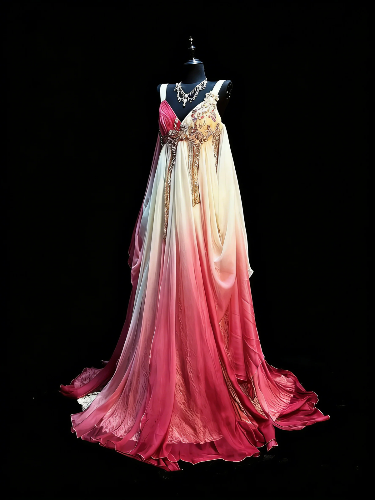 Elegant Spaghetti Straps V Neck Chiffon Beaded Long Party Dress Ombre Pink Mermaid Long Evening Dress D4878