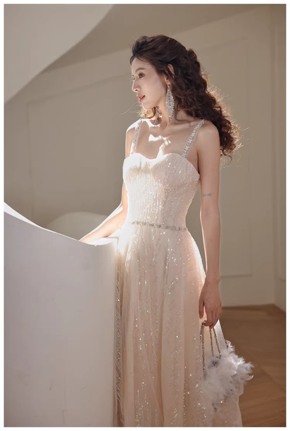 Elegant Light Champagne Tulle Sequin Beaded A Line Mid Length Birthday Prom Dress Evening Gown D2443