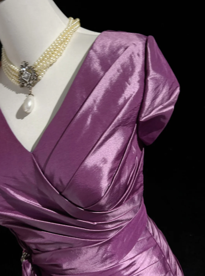 Elegant Purple V Neck Satin Pleated Mermaid Long Evening Dress Birthday Prom Dresses D2067