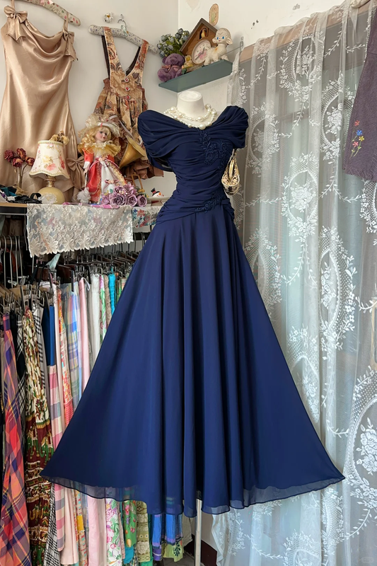 Elegant Navy Blue Chiffon Appliques Long Wedding Guest Dress,Formal Party Dress D3214