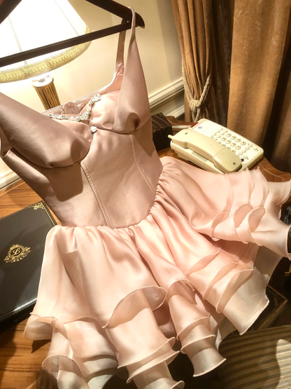 Pretty Pink Satin Beaded Layered A Line Short 16th Birthday Outfits Formal Homecoming Dress D241