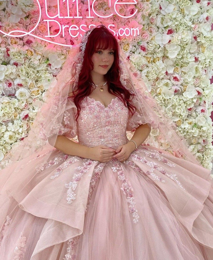 Charming Pink V Neck Tulle Sequin Lace Applique Ball Gown Quinceanera Dress D1008