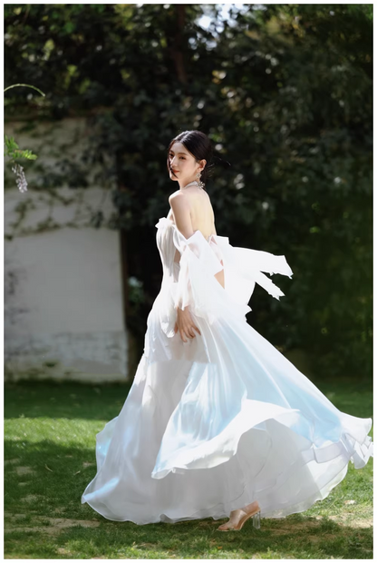 Fairy Off The Shoulder White Chiffon Pleated Pearls Long Party Dress Birthday Evening Gown D2411