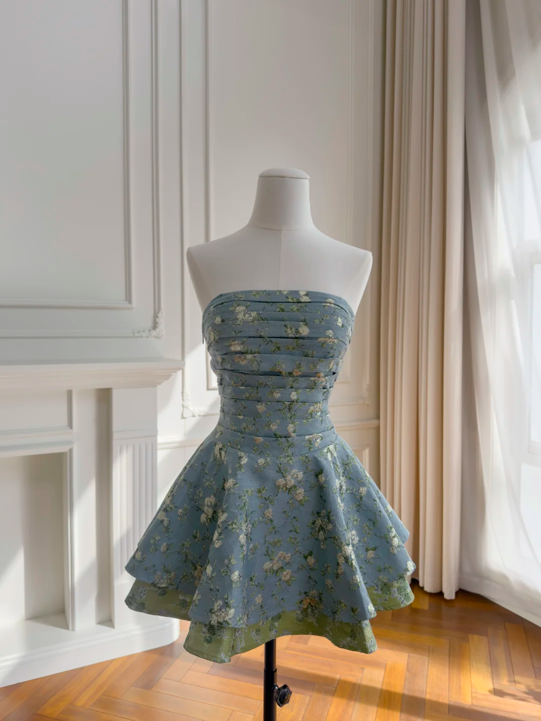 Pretty Blue Strapless Satin Print Floral Pleated A Line Short 8th Grade Homecoming Dress Birthday Outfits D2952