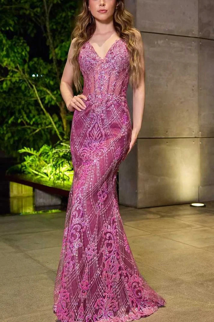 Vintage Spaghetti Straps Purple Tulle Lace Beaded Mermaid Long Wedding Guest Dress Birthday Party Dress D1815