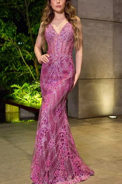 Vintage Spaghetti Straps Purple Tulle Lace Beaded Mermaid Long Wedding Guest Dress Birthday Party Dress D1815