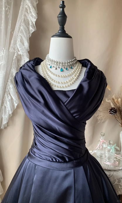 Classy Navy Blue Satin Pleated Short Homecoming Dress Cocktail Dress D3187