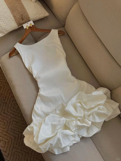 Simple Strapless White Satin Pleated Short Vacation Dress Formal Birthday Outfits D272