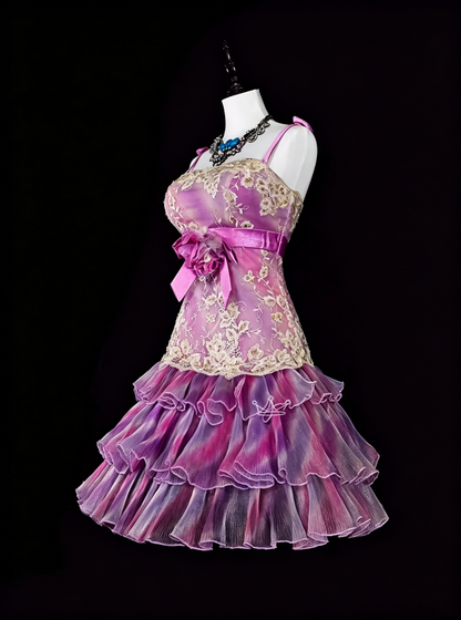 Elegant Spaghetti Straps Purple Tulle Lace Layered Short Homecoming Dress Birthday Dress D4056